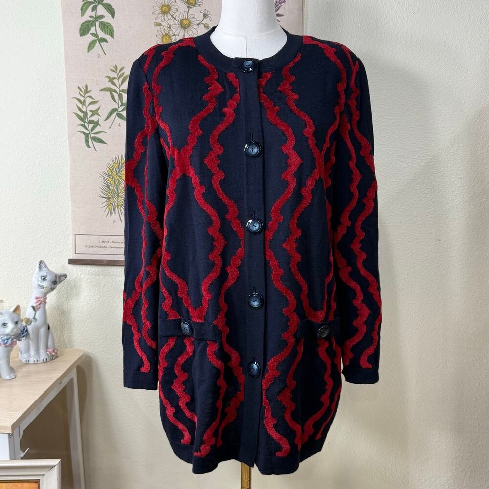 Stizzoli Navy Red Wool Blnd Cardigan Sweater Heritage Old Money Classic Italy XL